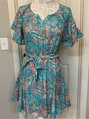 Umgee Turquoise Paisley Tie-Waist Mini Dress